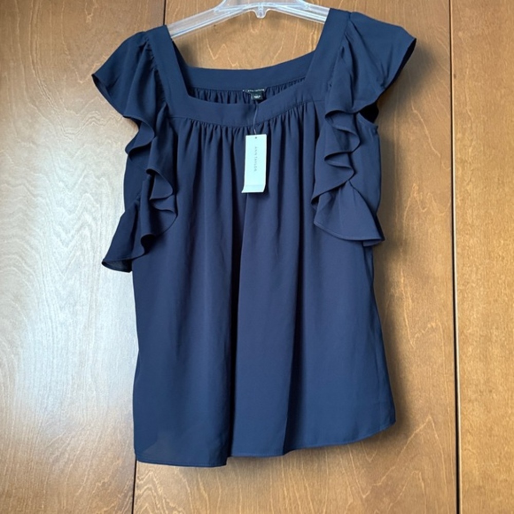 Ann Taylor NWT XS Ruffled Square Neck Navy Top Ret $59.50